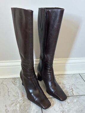 Antonio Melani Tasha Brown Leather Knee High Boots Womens 6M Side Zip 3" Heel